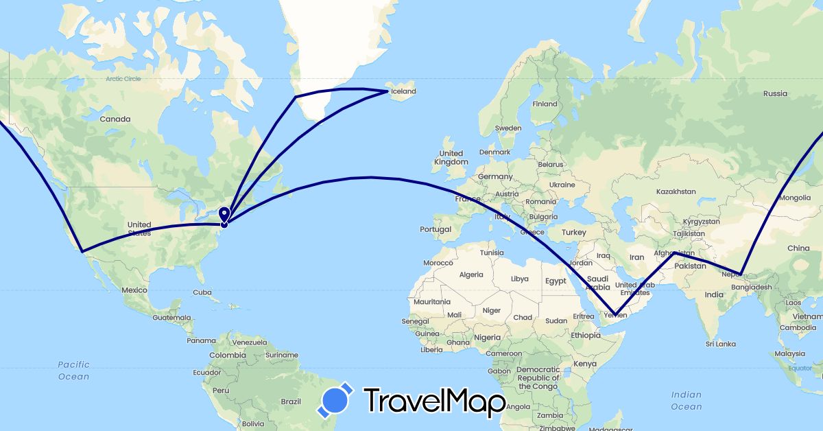 TravelMap itinerary: driving in Afghanistan, Greenland, Iceland, Nepal, United States, Yemen (Asia, Europe, North America)